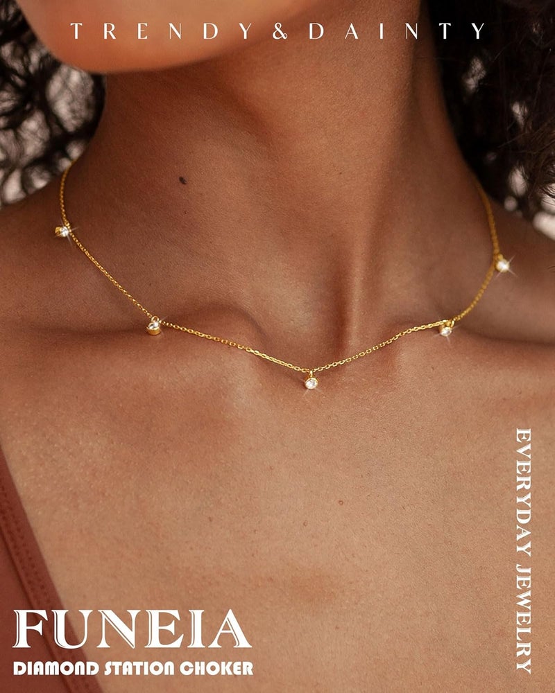 FUNEIA Dainty Silver Gold Necklaces for Women Trendy Non Tarnish 14K Gold Plated Cubic Zirconia Necklace Layered Cute Butterfly Heart Station Choker Necklace Stack for Wedding Prom Brides Jewelry - Image 2